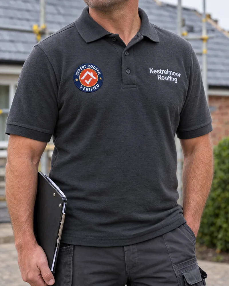 Roofer wearing a charcoal work polo with an embroidered Expert Roofer Verified badge