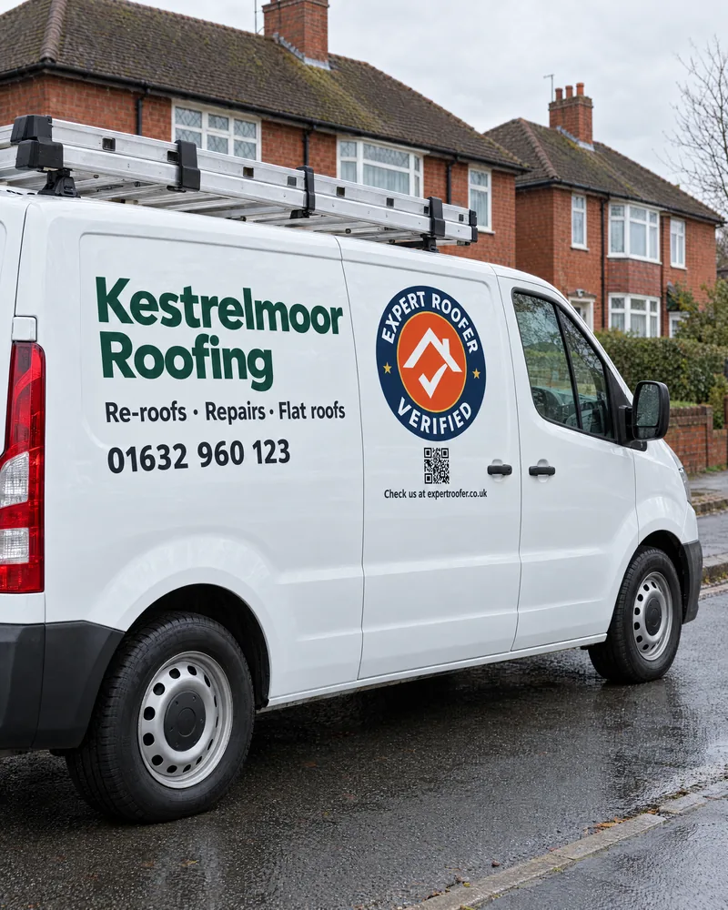 White van with roofing company signwriting and a large Expert Roofer Verified decal with a QR code