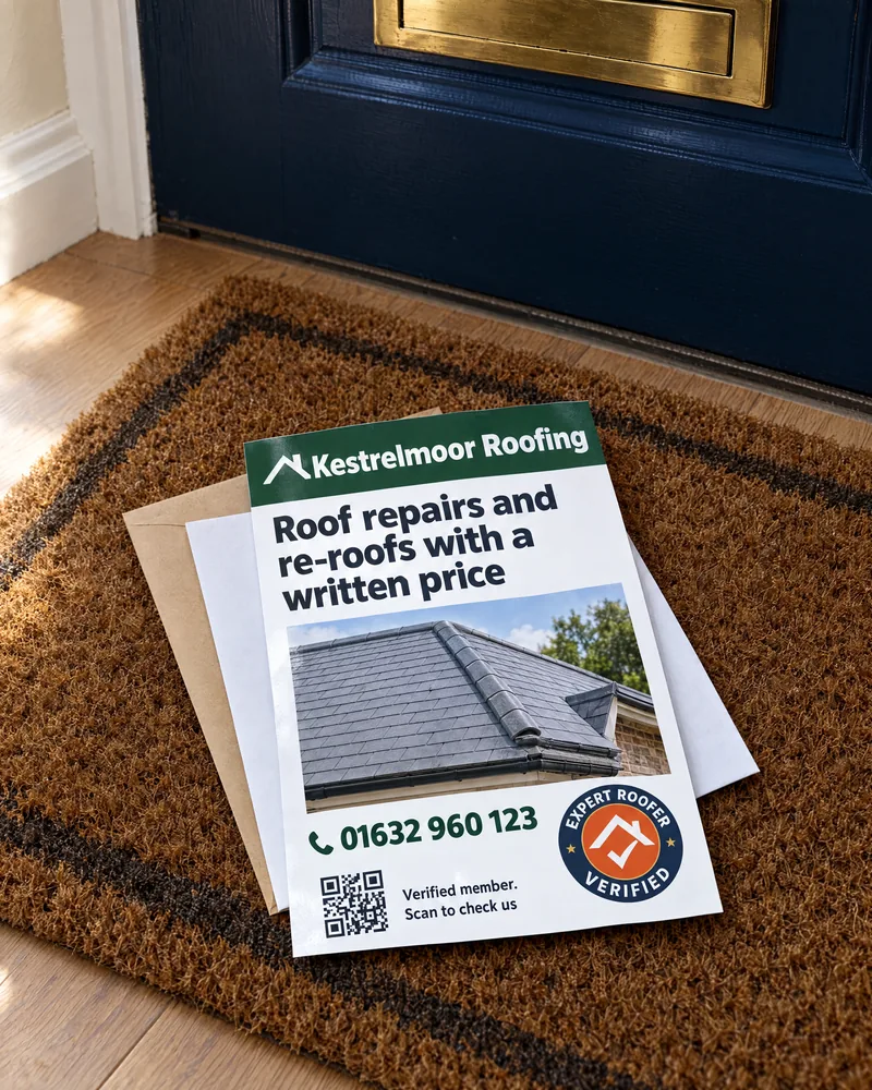 Roofing leaflet on a doormat with the Expert Roofer Verified badge and a QR code