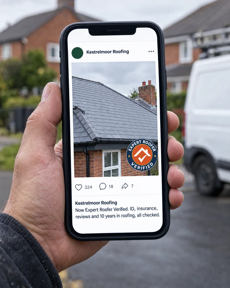 Social media post of a finished slate roof with the Expert Roofer Verified badge